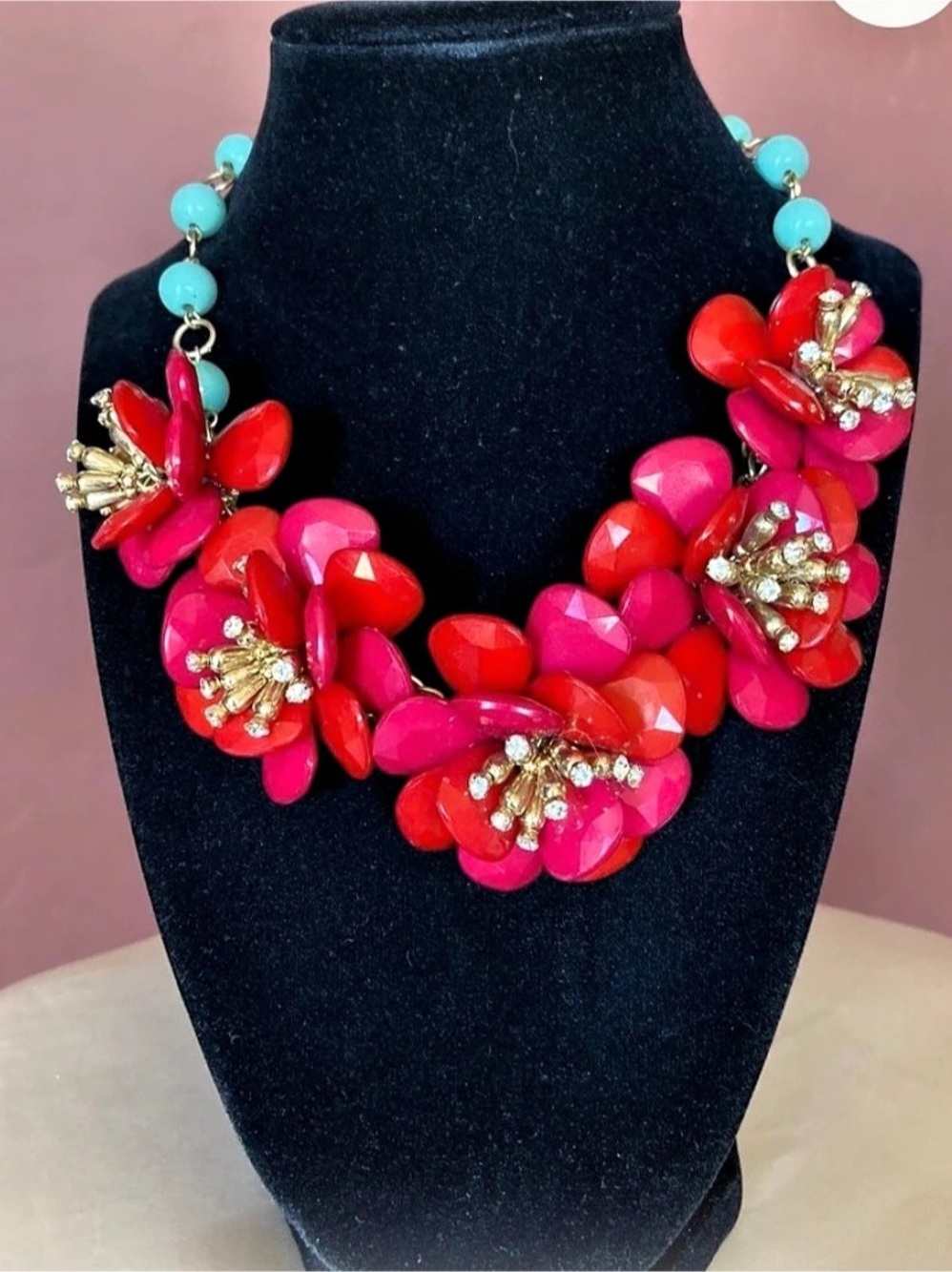 Anthropologie Camelia Vintage Red Flower Necklace Blue Beads Gold Tone